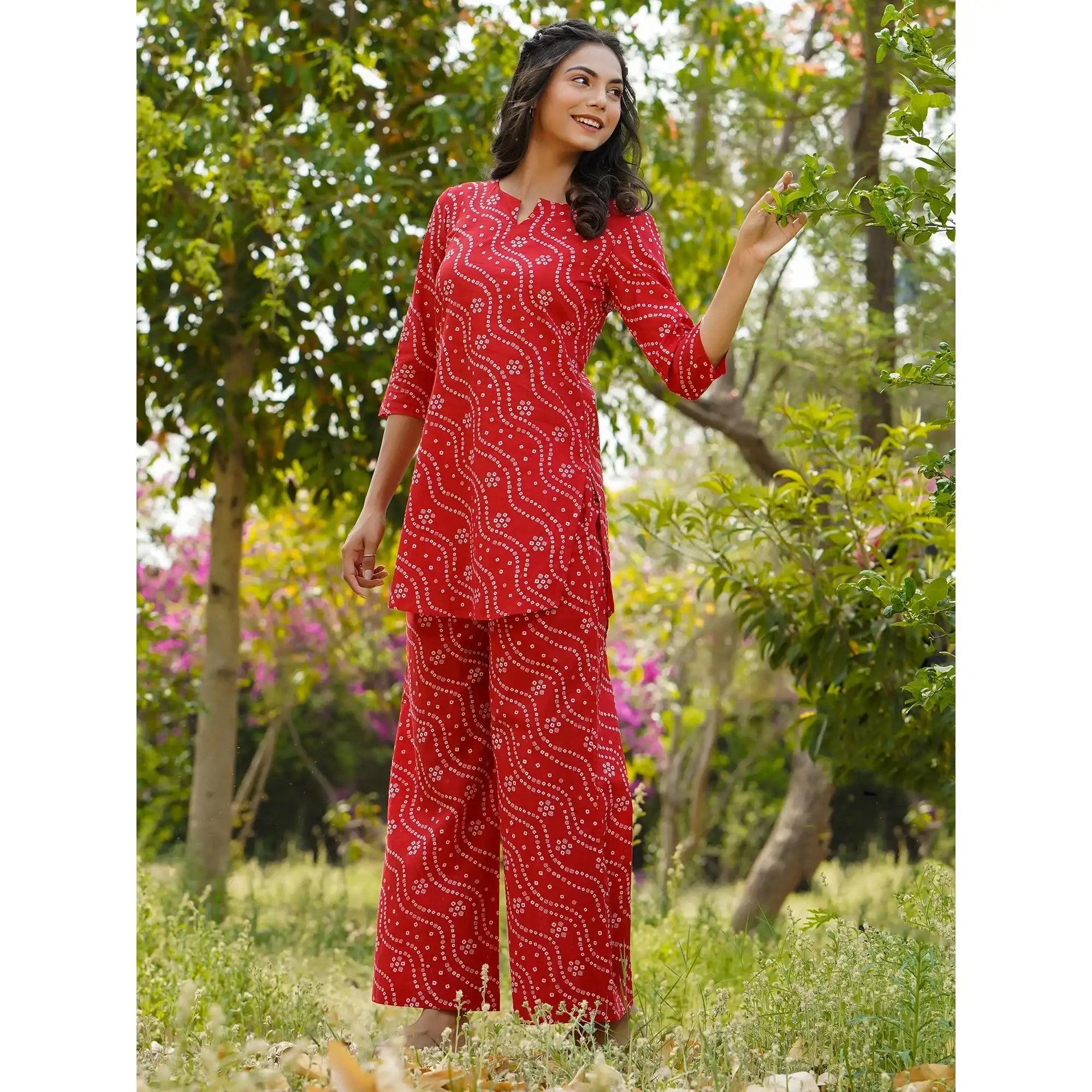 Patterned Bandhej on Red Cotton Loungewear Top Set