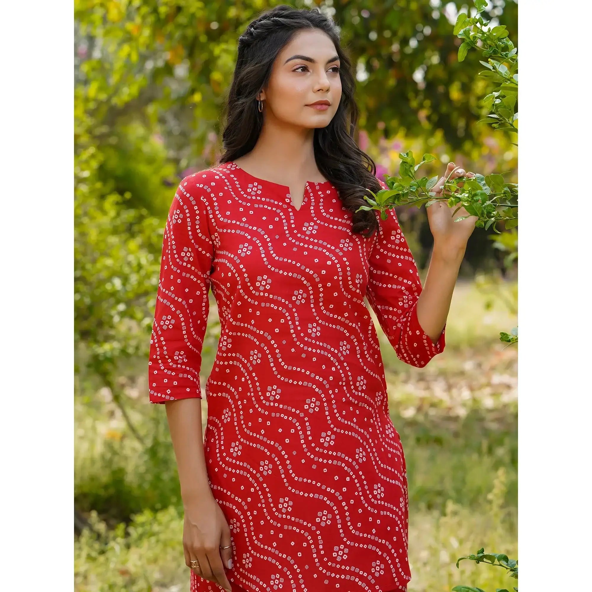 Patterned Bandhej on Red Cotton Loungewear Top Set