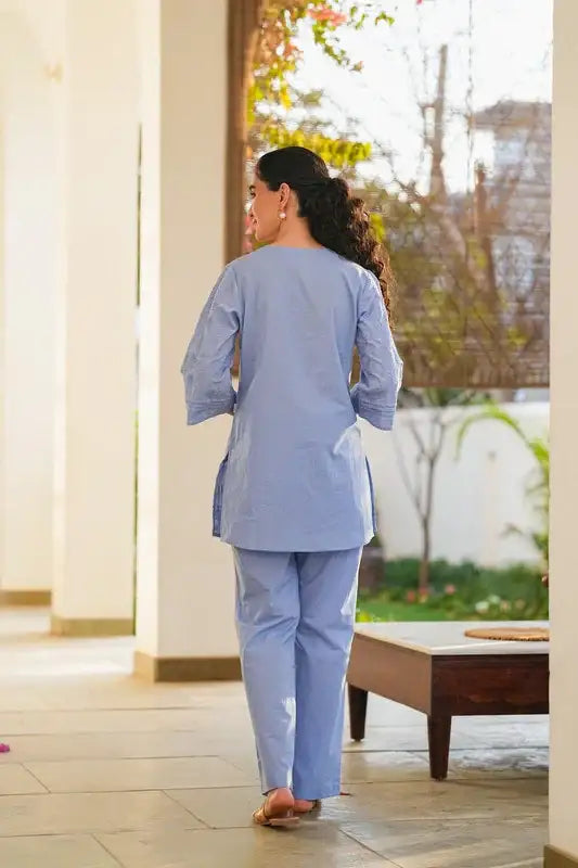 Powder Blue Whisper Embroidered Cotton Co-ord Set