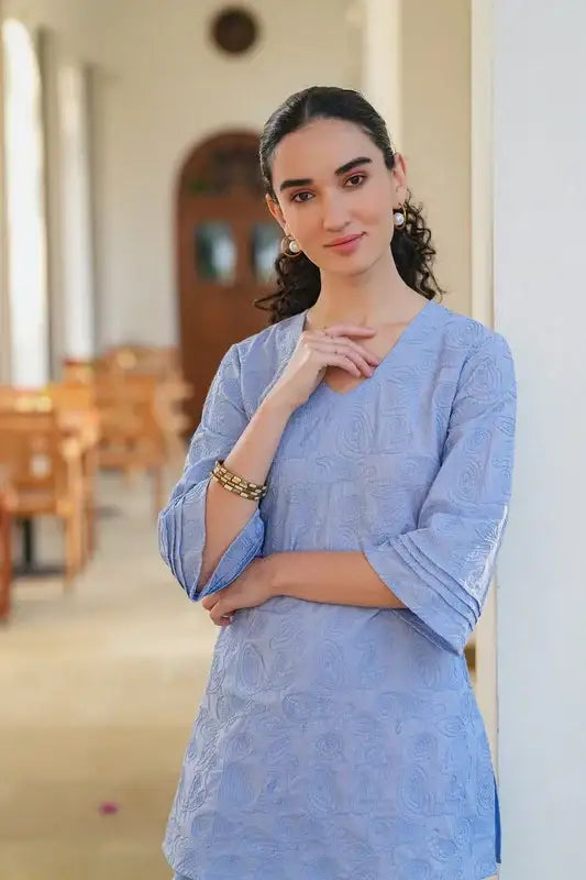 Powder Blue Whisper Embroidered Cotton Co-ord Set