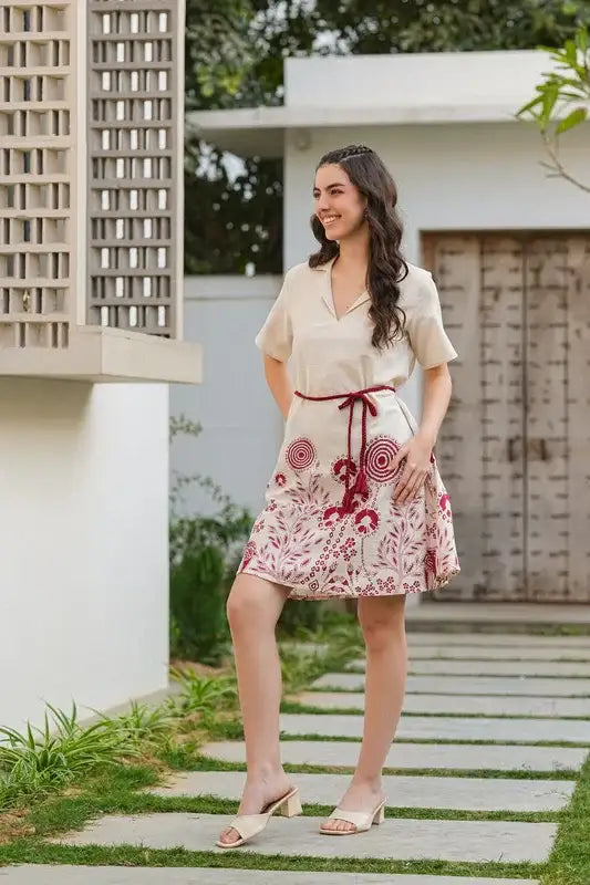 Ivory Blossom Belted Cotton Flex Dress