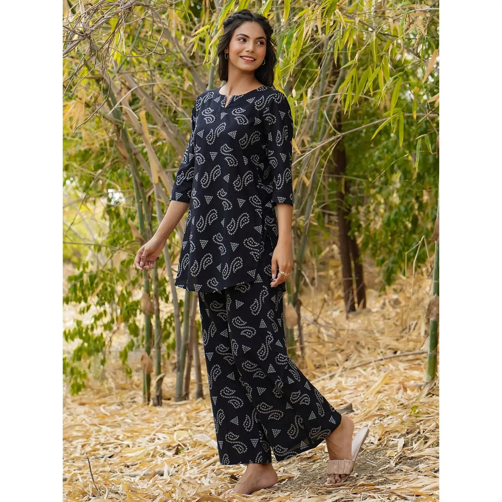 Patterned Bandhej on Black Cotton Loungewear Top Set