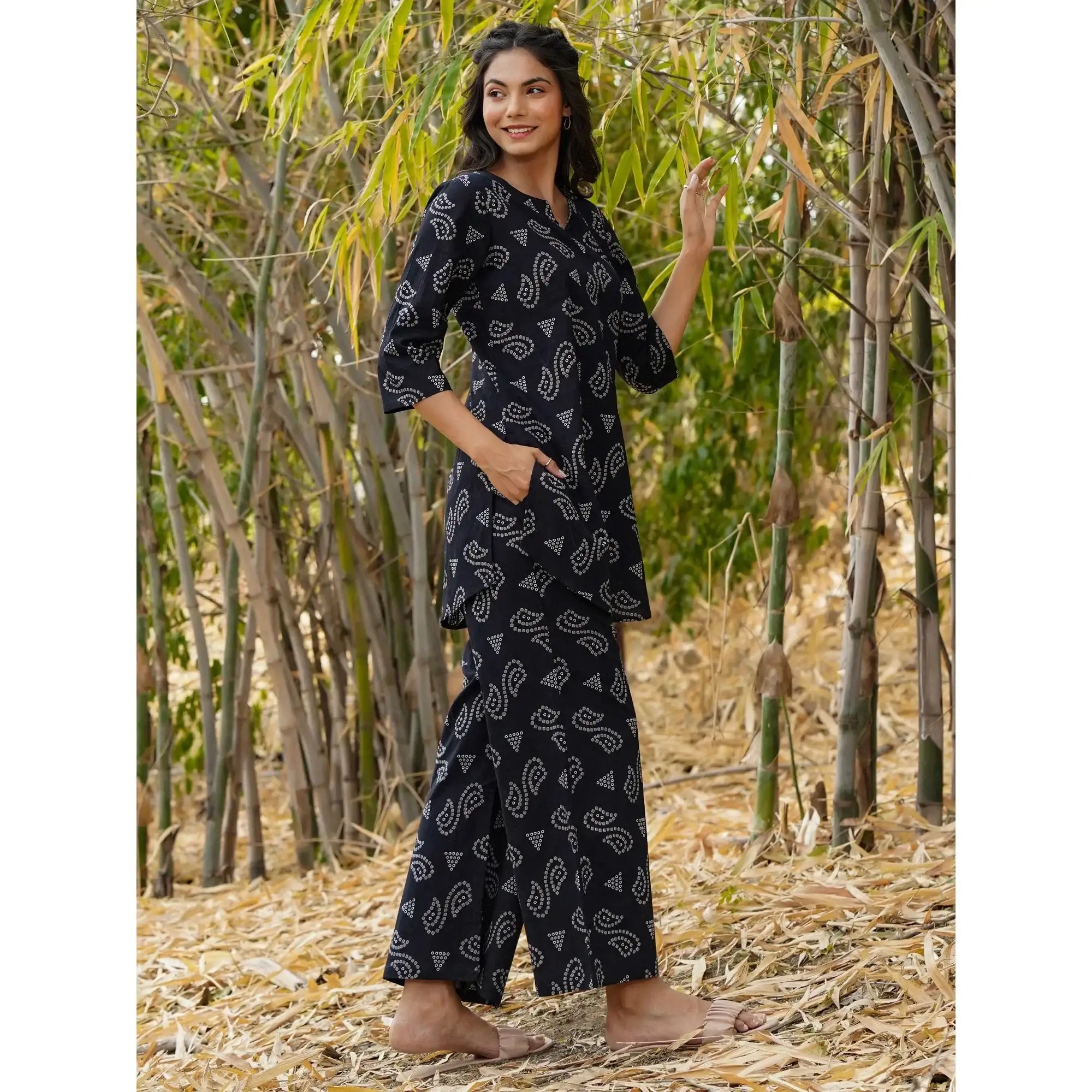 Patterned Bandhej on Black Cotton Loungewear Top Set