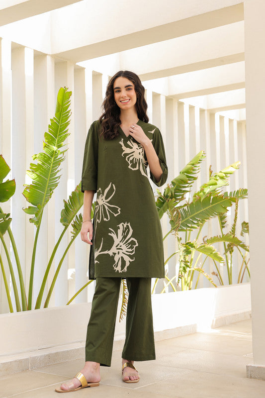 Olive Green Petal Cotton Co-ord Set