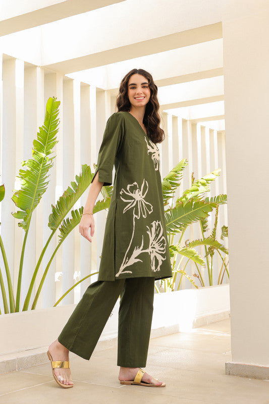 Olive Green Petal Cotton Co-ord Set