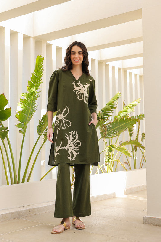 Olive Green Petal Cotton Co-ord Set