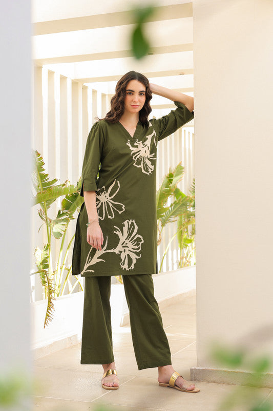 Olive Green Petal Cotton Co-ord Set