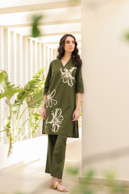 Olive Green Petal Cotton Co-ord Set
