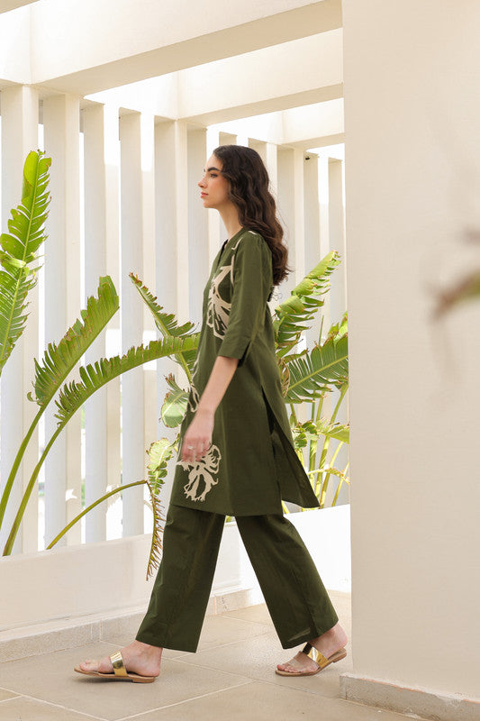 Olive Green Petal Cotton Co-ord Set