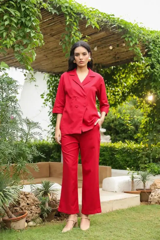 Red Blazer-Style with Notch Lapel Cotton Flex Co-ord Set