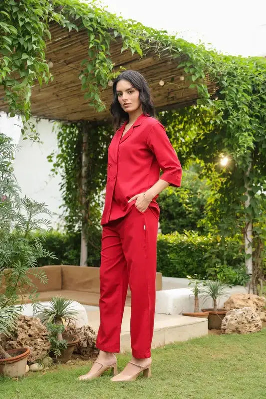 Red Blazer-Style with Notch Lapel Cotton Flex Co-ord Set