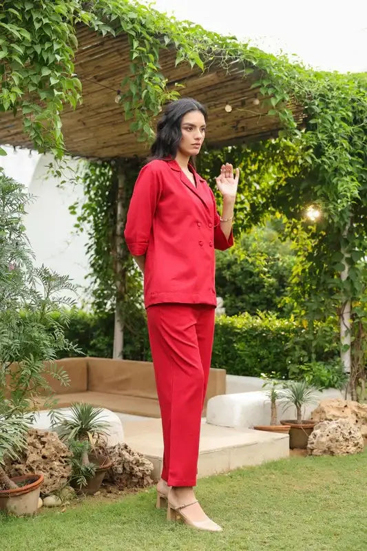 Red Blazer-Style with Notch Lapel Cotton Flex Co-ord Set