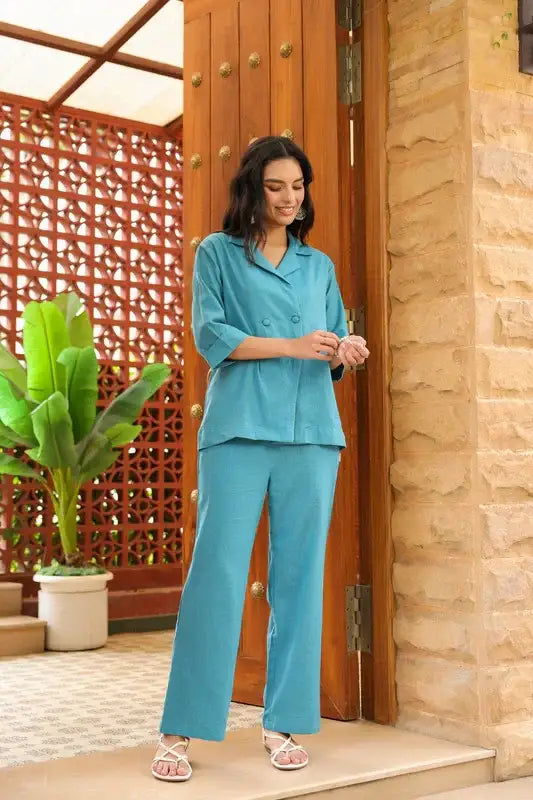 Ocean Teal Solid Chic Cotton Flex Co-ord Set