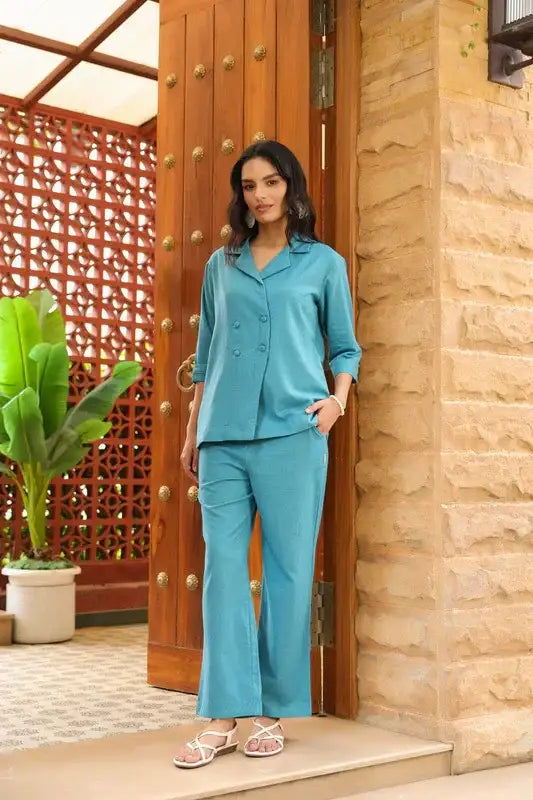 Ocean Teal Solid Chic Cotton Flex Co-ord Set