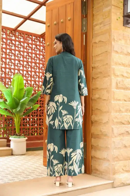 Teal Green Floral Printed Cotton Co-ord Set
