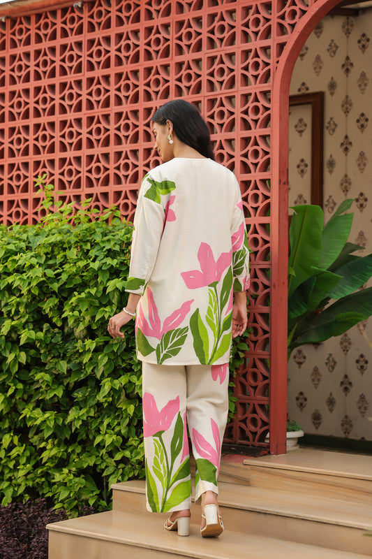 Elegant Blush Beige Floral Printed Cotton Flex Co-ord Set