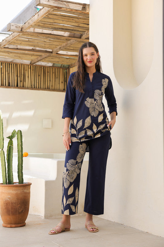 Midnight Blue Floral Line Pattern Cotton Co-ord set