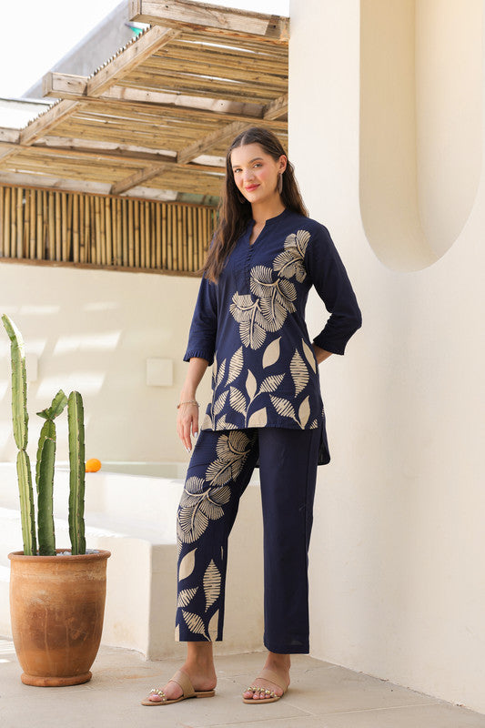 Midnight Blue Floral Line Pattern Cotton Co-ord set