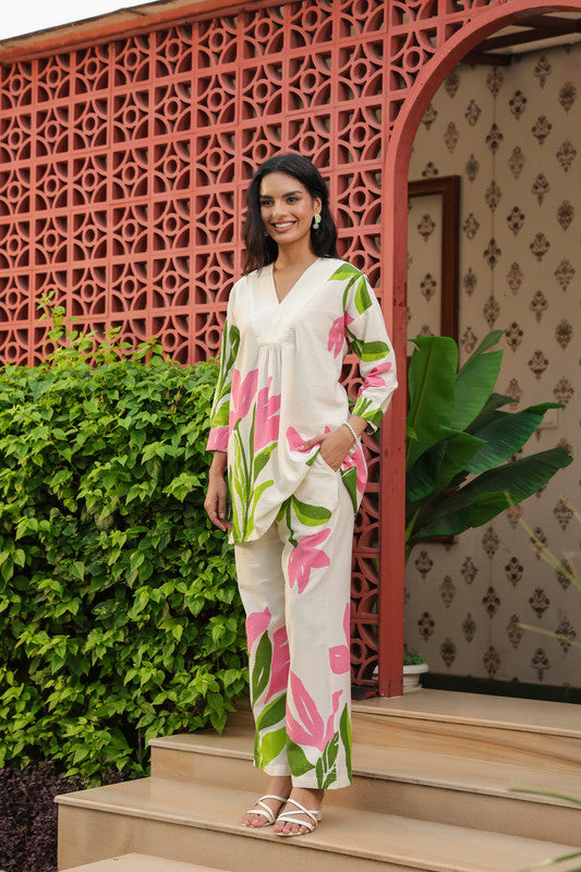 Elegant Blush Beige Floral Printed Cotton Flex Co-ord Set