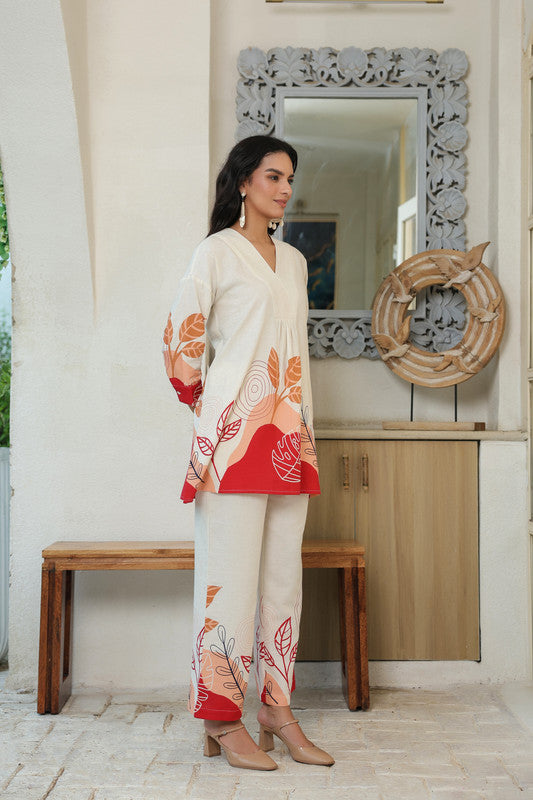 Leaf Motifs Printed Off-White and Red Cotton Flex Co-ord Set