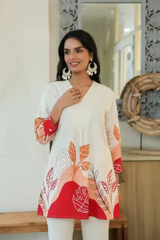 Leaf Motifs Printed Off-White and Red Cotton Flex Co-ord Set