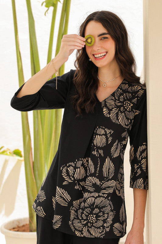 Midnight Black Floral Line Pattern Cotton Co-ord Set