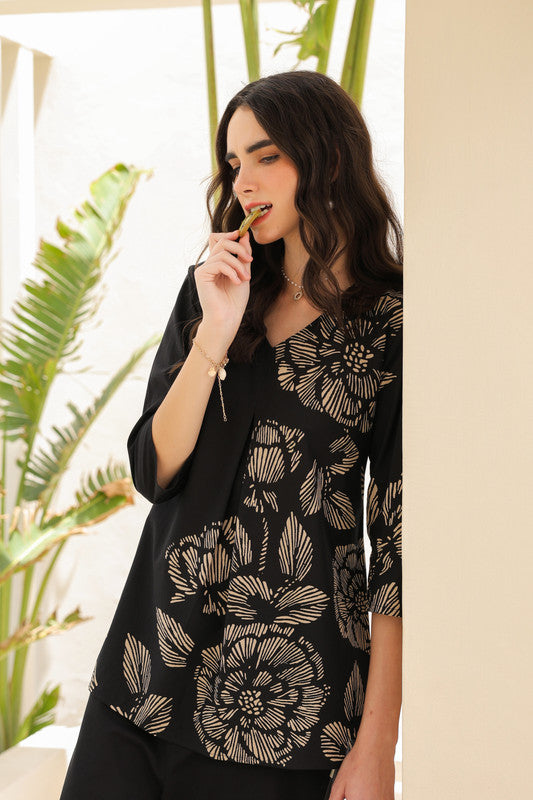 Midnight Black Floral Line Pattern Cotton Co-ord Set