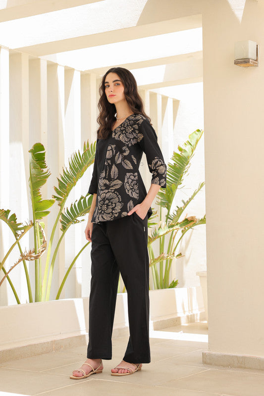 Midnight Black Floral Line Pattern Cotton Co-ord Set