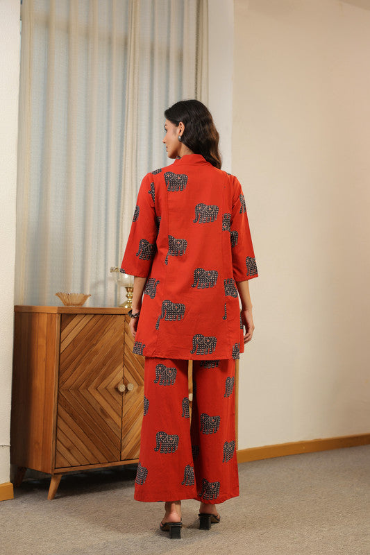 Red Printed with Elephant Motif Co-ord Set