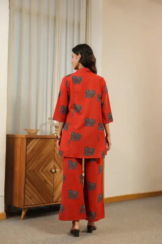 Red Printed  with Elephant Motif Co-ord Set