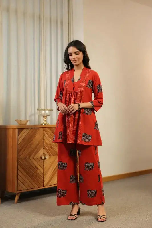 Red Printed  with Elephant Motif Co-ord Set