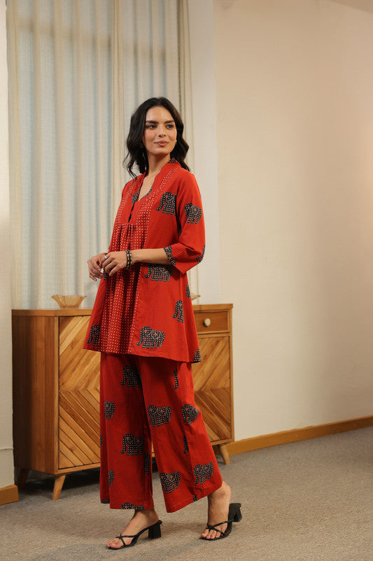 Red Printed with Elephant Motif Co-ord Set