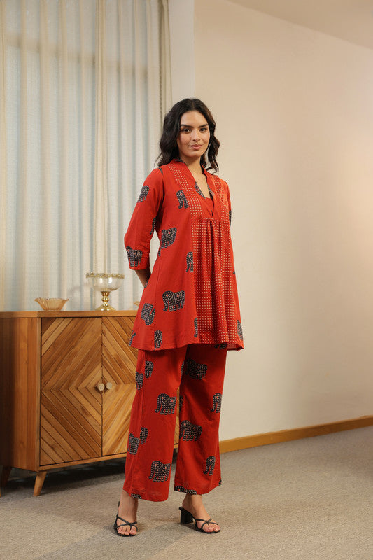 Red Printed with Elephant Motif Co-ord Set