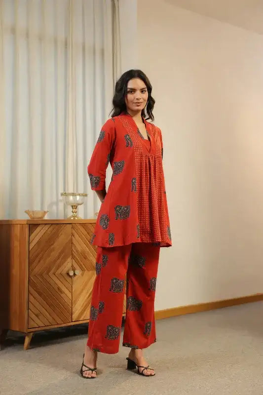Red Printed  with Elephant Motif Co-ord Set