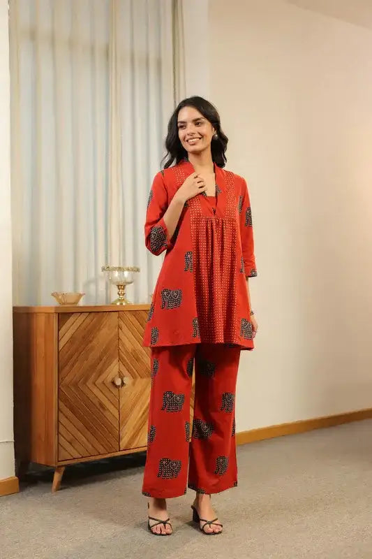 Red Printed  with Elephant Motif Co-ord Set