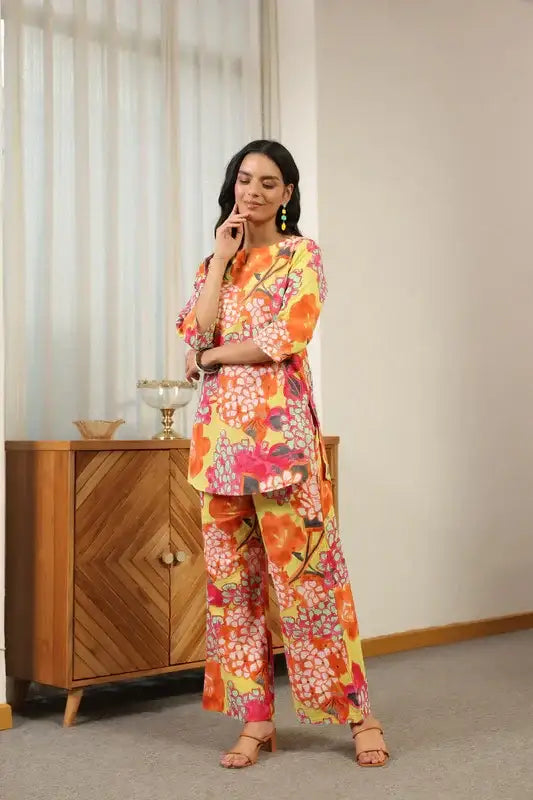 Tropical Bloom Multicolor Floral Printed Cotton Co-ord Set