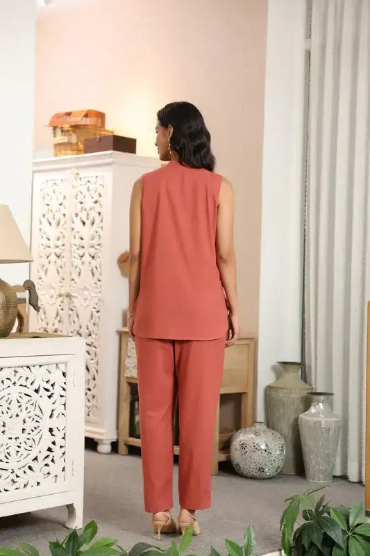 Terracotta Solid Orange Sleeveless Cotton Co-ord Set
