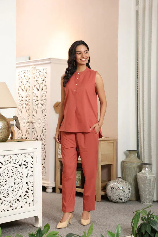 Terracotta Solid Orange Sleeveless Cotton Co-ord Set