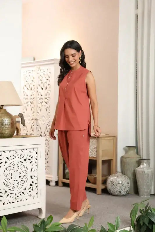 Terracotta Solid Orange Sleeveless Cotton Co-ord Set