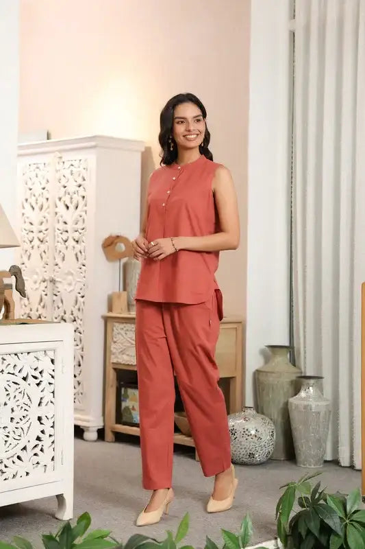 Terracotta Solid Orange Sleeveless Cotton Co-ord Set