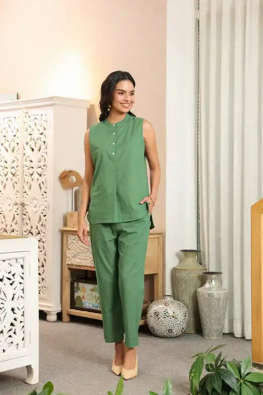 Solid Green Sleeveless Cotton Co-ord Set