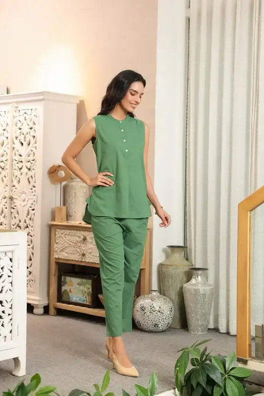 Solid Green Sleeveless Cotton Co-ord Set