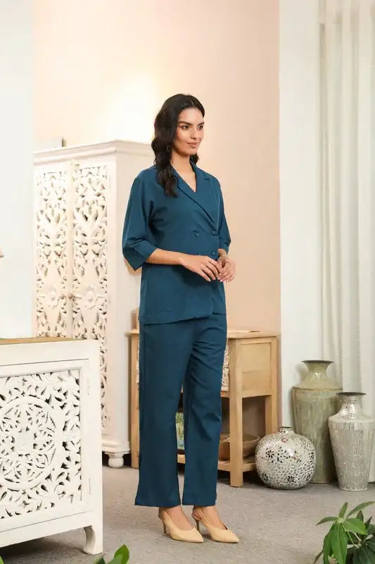 Solid Teal Blue Double-Breasted Cotton Flex Co-ord Set
