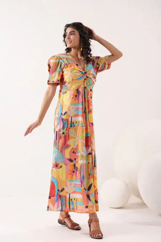Radiant Bloom Cascade Multi Cotton Dress