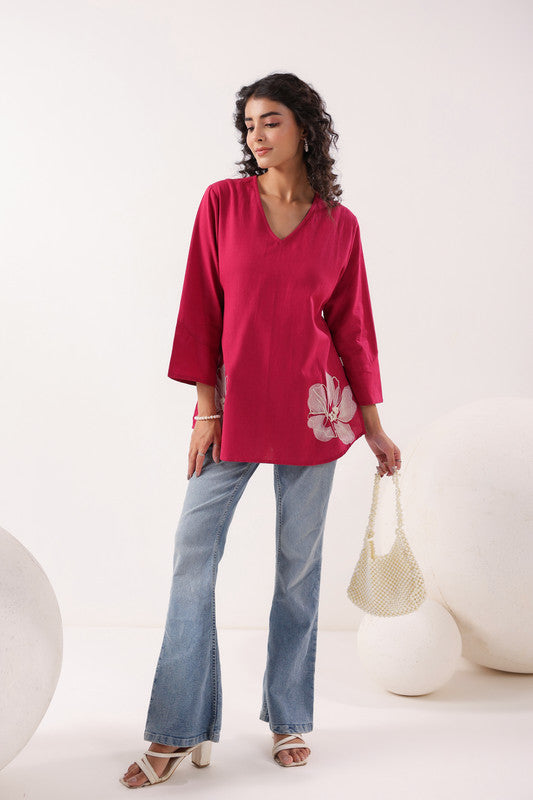 Floral Charm Maganta Cotton Flex Top