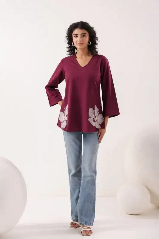 Petal Touch Embroidered Wine Cotton Flex Top