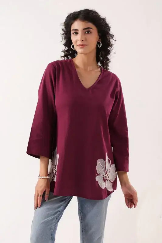Petal Touch Embroidered Wine Cotton Flex Top