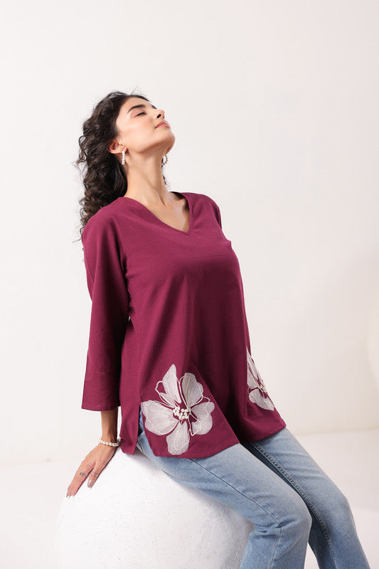 Petal Touch Embroidered Wine Cotton Flex Top