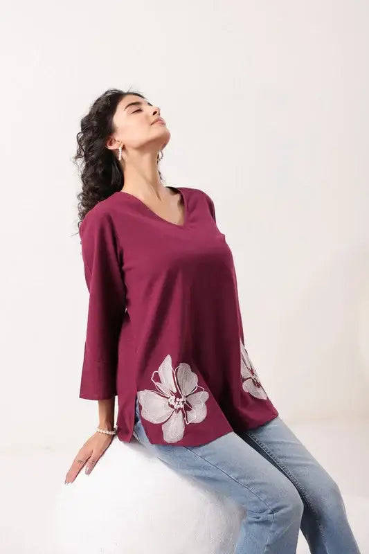 Petal Touch Embroidered Wine Cotton Flex Top