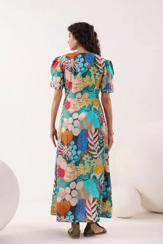 Tropical Mosaic Blue Cotton Dress